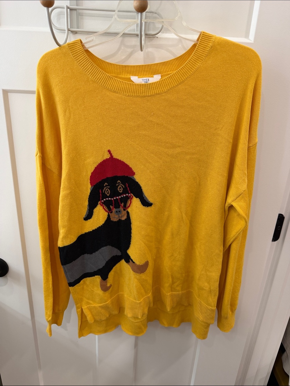 Time and Tru Yellow Novelty Dachshund Crewneck Sweater